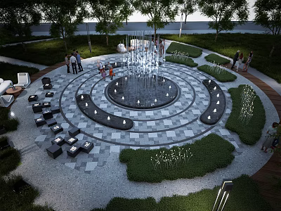 Beautiful Park Landscape Featuring Round Fountain Seating Areas People Walking Trees And Green Lawns 3d model