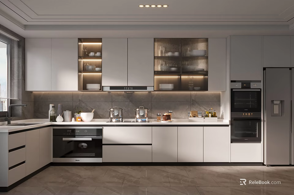 Modern Kitchen Interior With White Cabinets Glass Door Upper Storage And Appliances 3d model 
