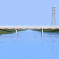 Modern Highway Bridge Over River With White Railings And Green Grass Area