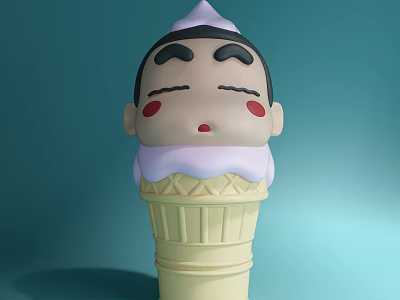 Cartoon Character Ice Cream Cone With Purple Top Black Eyebrows And Red Cheeks 3d model