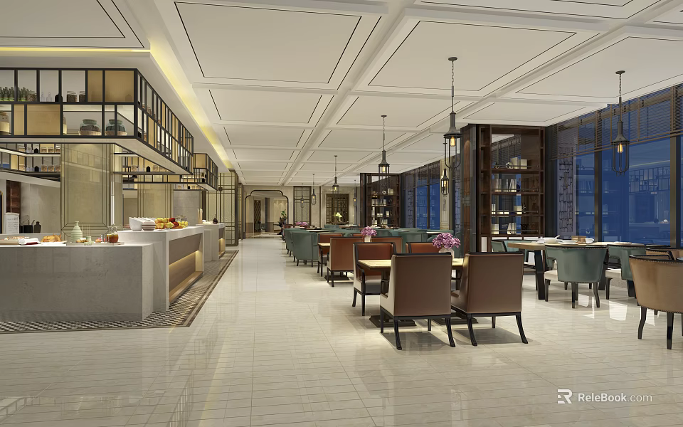 Elegant Modern Spacious Restaurant Interior With Pendant Lights Buffet Counter And Dining Tables 3d model