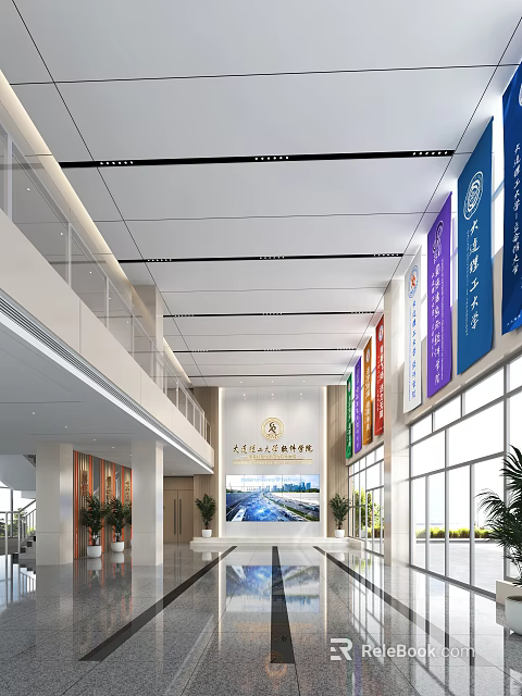 Modern Two Story School Lobby With White Ceiling Glass Railings Large Windows And Green Plants 3d model 