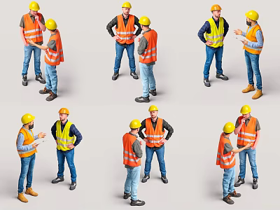 Group of Construction Workers Communicating on Site Wearing Yellow Hard Hats and Safety Vests 3d model