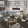 Elegant Modern Restaurant Interior With Wine Racks Fireplace Large Windows Dining Tables And Pendant Lights