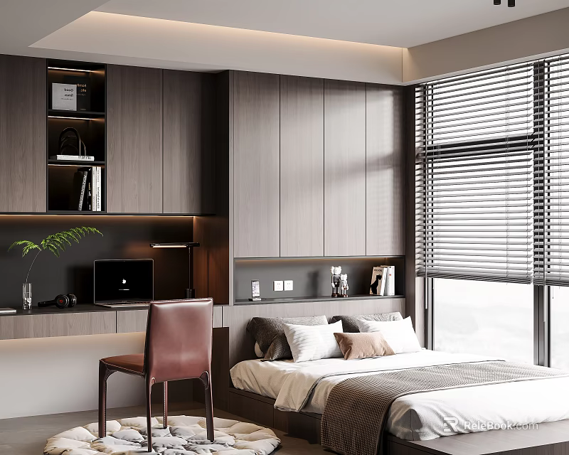 Modern Tatami Bedroom with Wooden Cabinetry Desk Laptop Window Blinds and Green Plant 3d model 