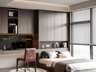 Modern Tatami Bedroom with Wooden Cabinetry Desk Laptop Window Blinds and Green Plant 3d model