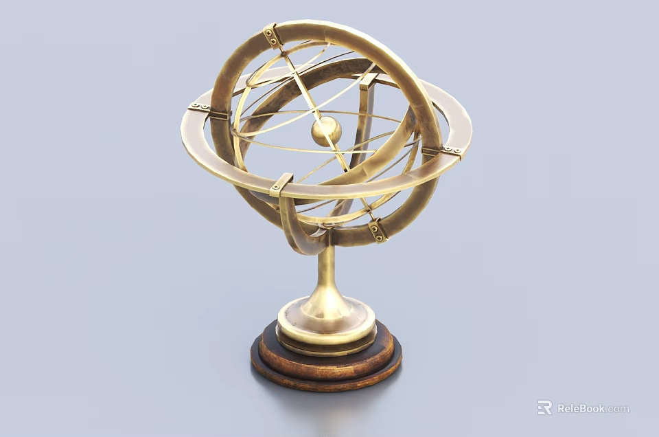 Brass Armillary Sphere Decorative Object With Intricate Metal Rings And Wooden Base 3d model 