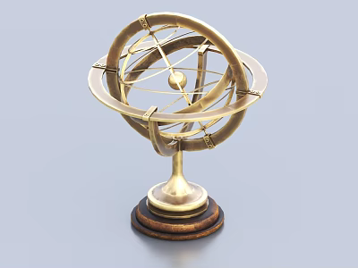 Brass Armillary Sphere Decorative Object With Intricate Metal Rings And Wooden Base 3d model
