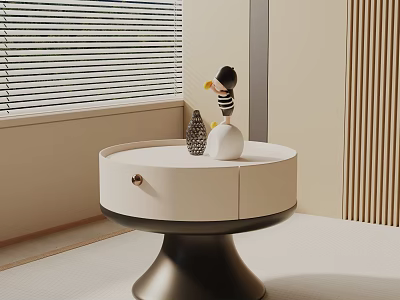 Modern Round White Bedside Table Design With Black Base And Decorative Items On Top 3d model