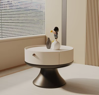 Modern Round White Bedside Table Design With Black Base And Decorative Items On Top 3d model