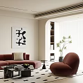 Cozy Modern Minimalist Living Room With Burgundy Sofas And Stylish Lounge Chairs Tasteful Wall Art