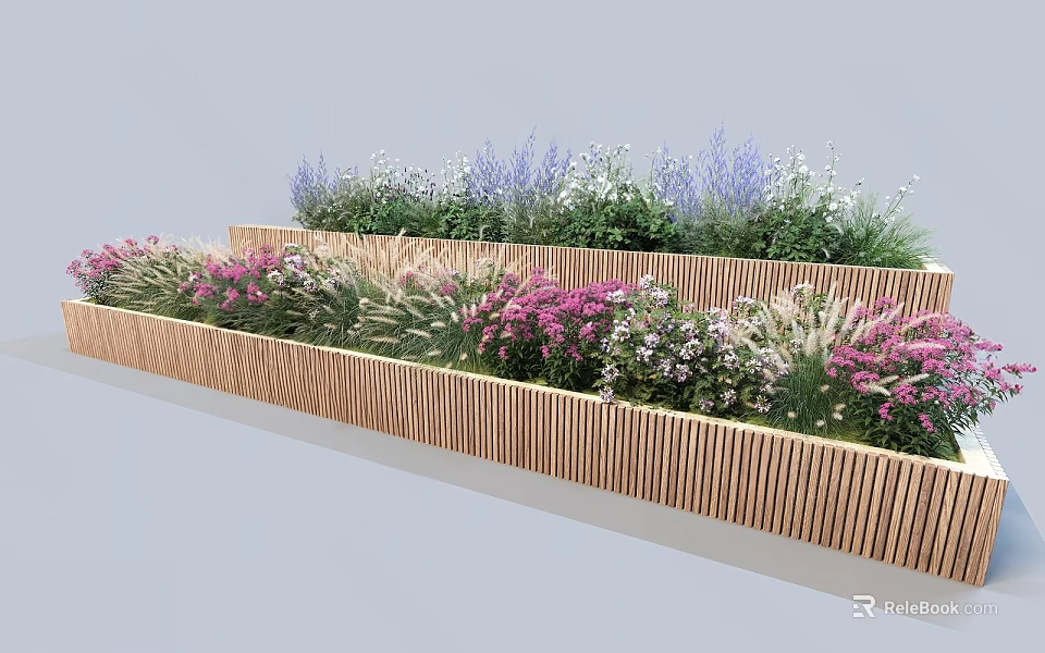 Bonsai Potted Plants In Wooden Planters With Various Colorful Flowers And Greenery 3d model 