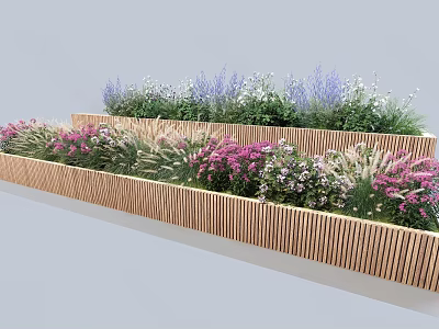 Bonsai Potted Plants In Wooden Planters With Various Colorful Flowers And Greenery 3d model