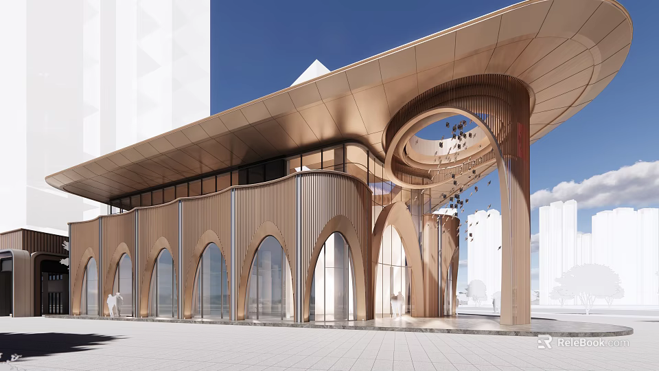 Modern Sales Office Building With Curved Roof Metallic Exterior And Arched Glass Windows 3d model 