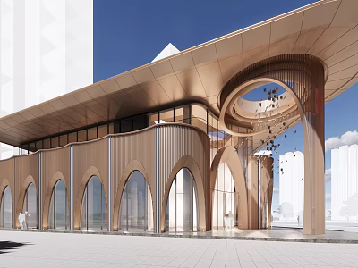 Modern Sales Office Building With Curved Roof Metallic Exterior And Arched Glass Windows 3d model