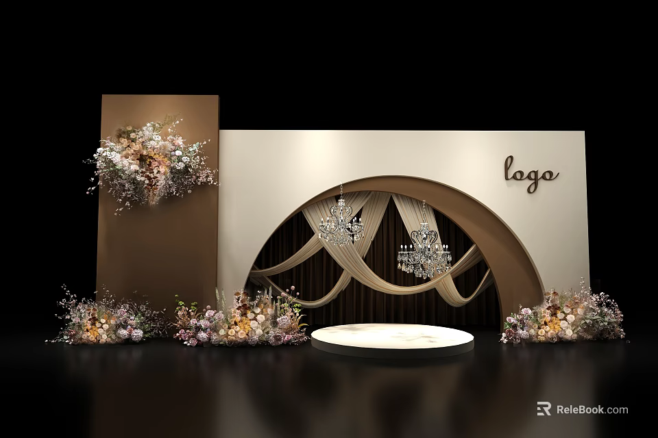 Elegant Wedding Photo Check-in Spot With Brown Arched Backdrop Floral Decor Logo And Circular Platform 3d model 