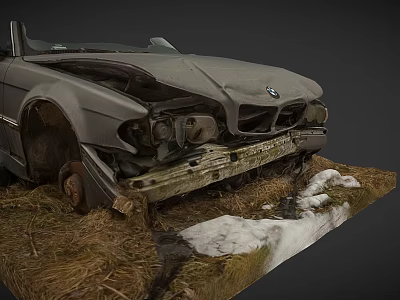 Abandoned Damaged Old Car With Rusty Front Bumper In Hay And Snow 3d model