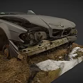 Abandoned Damaged Old Car With Rusty Front Bumper In Hay And Snow