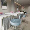 Luxurious SPA Sauna Interior With Massage Beds White Purple Towels Blue Chairs And Wall Paintings