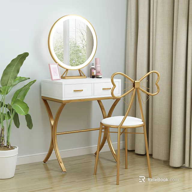 Elegant Dressing Table With Gold Frame White Countertop Bow Design Chair And Round Mirror 3d model 