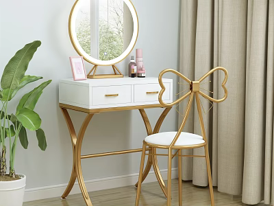 Elegant Dressing Table With Gold Frame White Countertop Bow Design Chair And Round Mirror 3d model