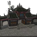 Traditional Chinese Building Exterior Wall With Green Tiles Intricate Carvings Curved Eaves And Stone Lions