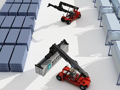 Efficient Functional Forklift Trucks Transporting Multiple Containers In Logistics Warehouse 3d model
