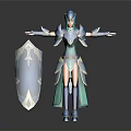 Female Warrior In Blue Teal Full Armor Holding Shield And Helmet Standing On Dark Background