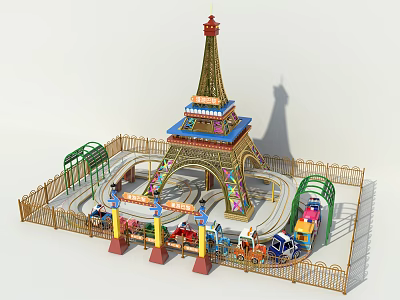 Eiffel Tower Themed Amusement Rides Featuring Mini Train Track Green Arches and Colorful Carriages 3d model