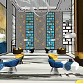 Modern Lounge Area With Yellow Blue Cushions Sofas Chairs And Pendant Lights