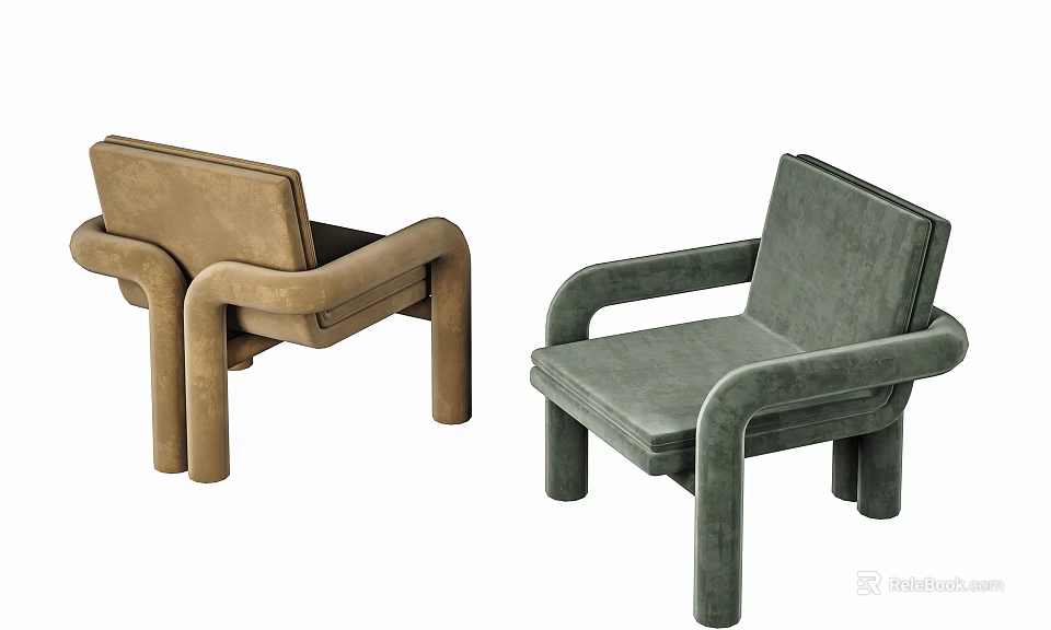 Two Brown And Green Velvet Upholstered Accent Chairs With Modern Square Design And Sturdy Armrests 3d model 