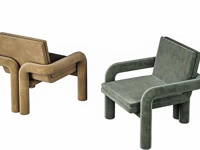 Two Brown And Green Velvet Upholstered Accent Chairs With Modern Square Design And Sturdy Armrests 3d model