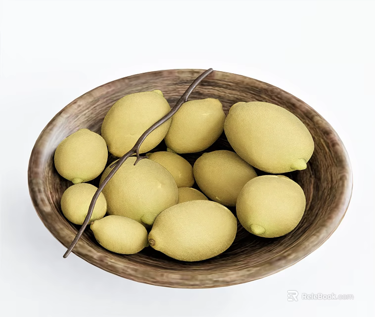 Ceramic Bowl Filled With Fresh Lemons And Herb Sticks 3d model 
