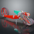 Futuristic Red And Green Concept Vehicle With Large Wheels Metallic Parts And Surface Reflection