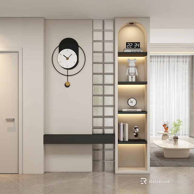 Entryway Hallway Interior With Modern Wall Clock Grid Patterned Wall Shelves Books And Bear Figurine 3d model 