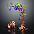 Cute Red Fox Standing By Grape Tree With Purple Grapes Green Leaves And Tree Roots