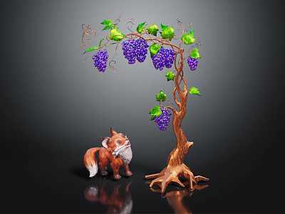 Cute Red Fox Standing By Grape Tree With Purple Grapes Green Leaves And Tree Roots 3d model