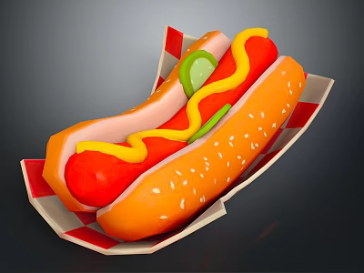 Playful Dog Enjoying Tasty Hot Dog In Paper Tray With Toppings 3d model