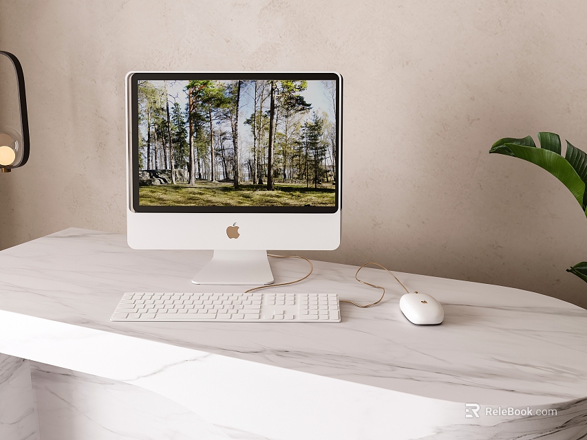 Stylish iMac Desktop Setup With Forest Screen White Keyboard Mouse On Marble Desk 3d model 