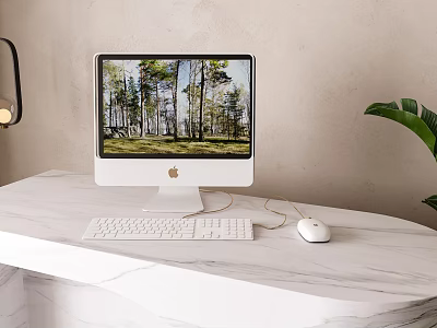 Stylish iMac Desktop Setup With Forest Screen White Keyboard Mouse On Marble Desk 3d model