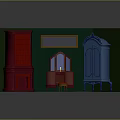 Cartoon Room Scene With Red Brick Fireplace Wooden Dressing Table Blue Cabinet And Green Background