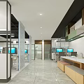 Modern Public Office Space With Open Layout Geometric Partition Work Desks Office Chairs And Computers