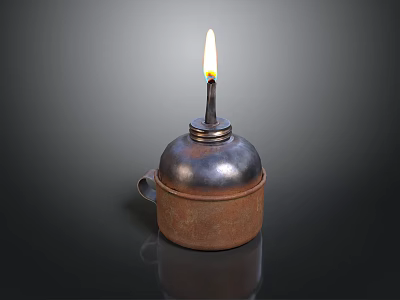Lit Kerosene Lamp With Rustic Metal Body And Burning Wick On Dark Background 3d model