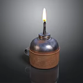 Lit Kerosene Lamp With Rustic Metal Body And Burning Wick On Dark Background