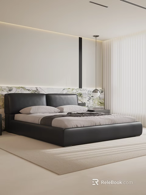 Elegant Modern Bedroom Interior With Black Leather Bed Marble Headboard White Curtains And Pendant Light 3d model 
