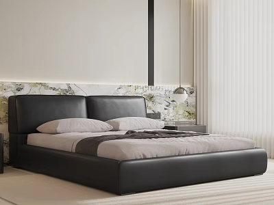 Elegant Modern Bedroom Interior With Black Leather Bed Marble Headboard White Curtains And Pendant Light 3d model