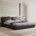 Elegant Modern Bedroom Interior With Black Leather Bed Marble Headboard White Curtains And Pendant Light