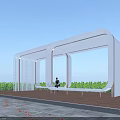 White Curved Pergola Structure With Bench And Lush Green Plants Under Clear Sky