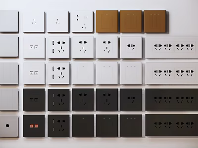 Various Switch Panels in White Brown and Black Colors Neatly Arranged on Wall 3d model