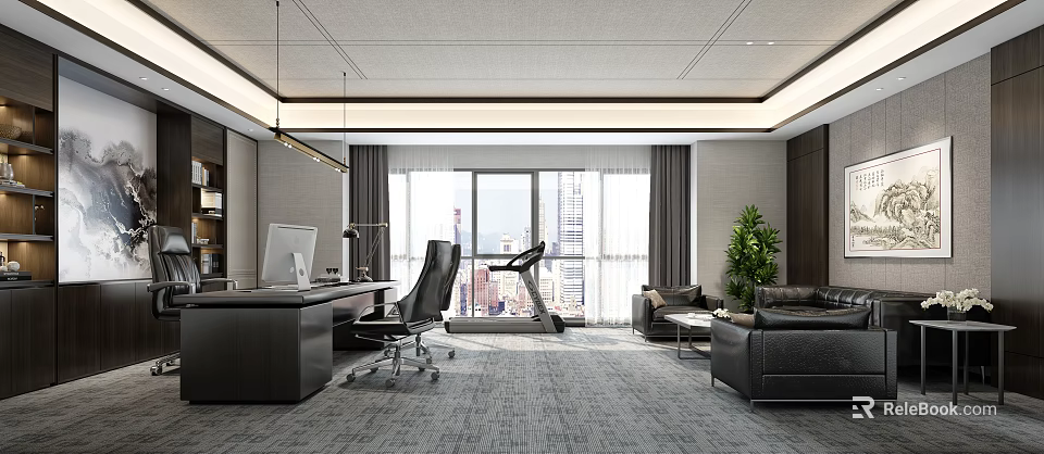 Modern Office Interior With Desk Office Chair Computer Treadmill Sofa Plant And Large Windows 3d model 